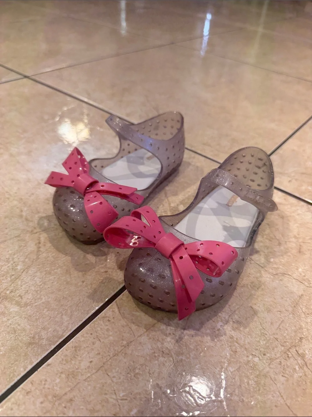 Mini Melissa Taupe Jelly Mary Janes with Pink Bow